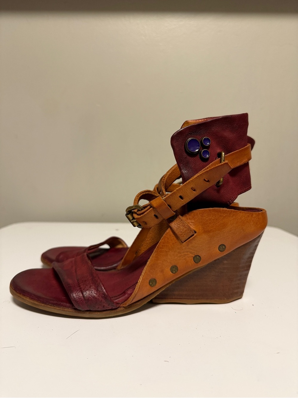 A.S.98 Leather Wedge Sandals Ankle Strap Boho Bootie Sandals EU 38 US 7.5-8 UK 5